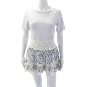 Sunday Tropez Womens Smocked Waistband Floral Zolita Skirt White Blue One Size